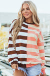 Women's Brown Stripe Color Block Drop Shoulder Sweatshirt - Casual Chic, Cozy Fit for Everyday Wear