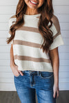 Women's Khaki Striped Knit Top with Short Dropped Sleeves - Lightweight, Comfortable, Effortless Casual Style