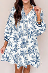 Women's Cute Blue Floral Babydoll Mini Dress with 3/4 Puff Sleeves - Stylish Summer Outfit for Effortless Comfort