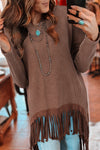 Cozy Women's Coffee Waffle Knit Fringed High-Low Top - Relaxed Fit for Effortless Casual Chic Looks