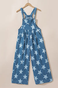 star-print-buttoned-strap-pleat-wide-leg-denim-overall