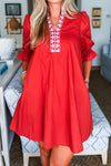 Chic Women's Fiery Red Mini Dress with Flounced Half Sleeves, Embroidery Detail, and Trendy Split Neck Design