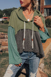 Laurel Green Women's Colorblock Hooded Top with Frayed High-Low Hem, Wide Sleeves & Textured Fabric for Stylish Comfort