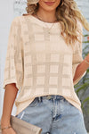 Chic Women's Apricot Plaid Crochet Knit Sweater - Short Sleeve, Comfortable Style for Casual Outings and Everyday Wear