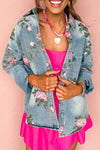 Dusk Blue Floral Women's Denim Jacket with Drop Shoulders & Chest Pocket - Trendy Casual Outerwear for Effortless Style