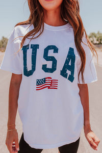 Patriotic Oversized White Tee with USA Flag Print