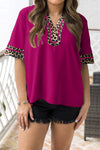Women's Violet Leopard Print Blouse with Patchwork Trim, Split Neck, and Short Sleeves for a Stylish Casual Look