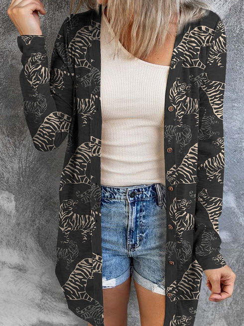 Wild Tiger Print Black Button-Up Cardigan for a Fashionable Fall