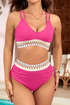 Chic High Waist Two-Piece Swimsuit for Women in Vibrant Pink with Ribbed Knit and Tribal Print - Stylish Beachwear