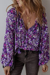 Women's Trendy Purple Boho Floral Blouse with Split V-Neck & Bubble Sleeves - Stylish, Comfortable Fashion Top