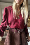 Women's Fiery Red V-Neck Puff Sleeve Blouse with Eyelash Patch Detail for Effortless Style and All-Day Comfort