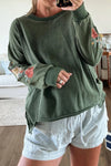 Women's Casual Mist Green Floral Embroidered Sweatshirt with Drop Shoulders and Raw Edge Detail