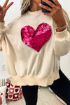 Trendy Women's Beige Ribbed Sweatshirt with Sequin Heart, Side Slit, Perfect for Casual Chic Outfits
