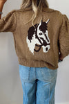 Cozy Women's Elmwood Cardigan with Puff Sleeves, Western Horse Print, Textured Knit, Perfect for Fall Layering