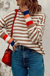 Cozy Women's Brown Stripe Colorblock Turtleneck Sweater with Bishop Sleeves for Trendy Fall Style