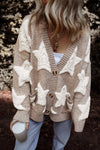 Chic Women's Khaki Sherpa Cardigan with Star Pattern & Pockets - Cozy Textured Sweater for Casual Style