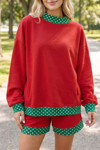 Women's Racing Red Polka Dot Trim Baggy Pullover & Shorts Set - Chic Casual Summer Outfit for Effortless Style