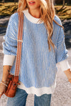 Cozy Dark Blue Striped Knit Sweater for Women - Relaxed Fit with Contrast Edges for Effortless Casual Chic Style