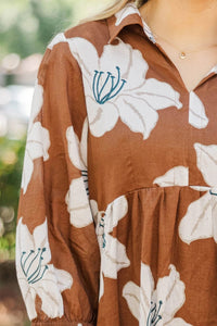 Brown Floral Print Shirt Collar V Neck 3/4 Sleeve Shift Midi Dress