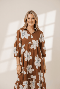 Women's 100% Cotton Brown Floral Midi Dress with 3/4 Sleeves