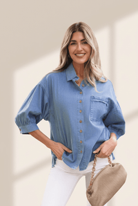 Women's 100% Cotton Chambray Blouse with Bracelet Sleeves