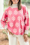 Stylish Women's High Neck Pink Geometric Ribbed Sweater with Cuffed Sleeves for Cozy Winter Fashion