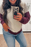 Burgundy Color Block Long Sleeve Top for Women - Trendy Striped Patchwork, Ideal for Casual Outings and Everyday Wear