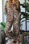Plus Size Women's Khaki Leopard Print Pajama Set - Stylish Contrast Piping & Striped Patchwork for Cozy Lounging