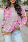 Women's Cozy Khaki Floral Print Sweater - Casual Chic Drop Shoulder Knit for Effortless Everyday Style