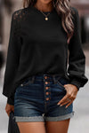 Elegant Women's Black Lace Long Sleeve Pullover - Textured Knit Top with Stylish Detailing & Cozy Comfort