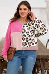 Plus Size Women's Rose Red Long Sleeve Color Block Top with Twisted Ribbed Design & Leopard Print Accents