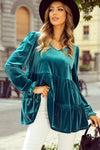 Chic Sea Green Velvet V-Neck Blouse with Puff Sleeves and Peplum Hem for Women’s Elegant Casual Style