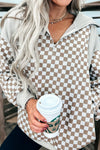 Women's Casual Khaki Checkered Quarter Zip Sweatshirt - Stylish Ribbed Patchwork, Relaxed Fit for Everyday Comfort