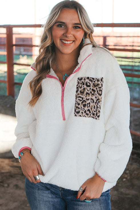 Snow Leopard Half-Zip Fleece Sweatshirt with Patch Pocket