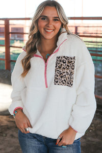 Snow Leopard Half-Zip Fleece Sweatshirt with Patch Pocket