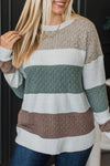 Cozy Women's Green Striped Color Block Sweater - Loose Fit, Mixed Textures for Effortless Casual Style