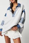 Cozy Women's Dark Blue Striped Colorblock Sweatshirt with Trendy Collar – Casual Fit for Everyday Comfort