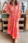 Bohemian Women's Pink Floral Maxi Dress with Long Sleeves and Tassel Tie - Effortless Summer Elegance for Every Occasion
