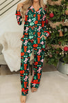 Women's Festive Green Bow Print Ruffle Trim Pajama Set - Comfortable 2-Piece Sleepwear for Cozy Nights