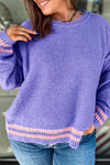 Plus Size Women's Cozy Wisteria Striped Trim Drop Shoulder Knit Sweater - Relaxed Fit for Effortless Everyday Style