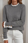 Chic Cozy Women's Lace Trim Sweater with Buttoned Cuffs in Loose Fit - Ideal for Casual Style and Everyday Comfort