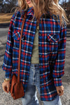 Women's Stylish Navy Blue Plaid Shacket with Flap Pockets - Trendy Button-Up Layering Essential for Fall Outfits