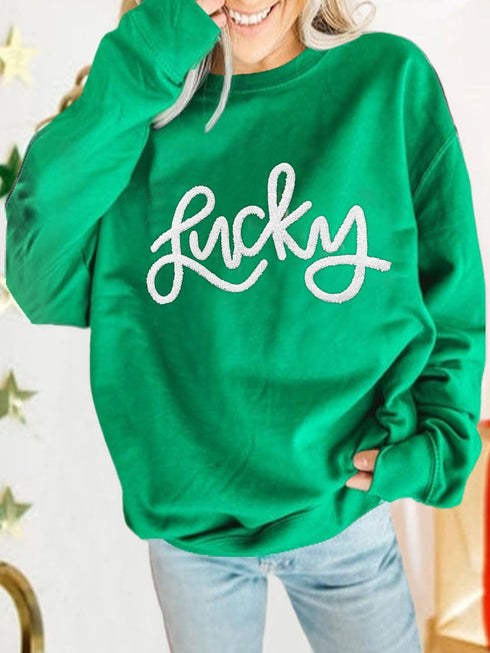 Lucky Green Alphabet Embroidered Chenille Crewneck Sweatshirt