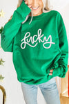Cozy Women's Green Chenille Embroidered Pullover Sweatshirt - Lucky Alphabet Style for Effortless Casual Chic