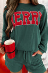 Cozy Women's Green MERRY Graphic Long Sleeve Top & Shorts Set - Relaxed Fit Casual Outfit for Everyday Wear