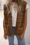 Cozy Women's Brown Sherpa Western Vest Jacket with Paisley Print and Pockets - Perfect Layer for Fall Style