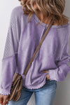 Women's Cozy Orchid Petal Waffle Knit Patchwork Raglan Sweatshirt - Casual Chic Top for Effortless Everyday Style