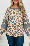 Trendy Women's Beige Leopard Print Color Block Long Sleeve Top with Drop Shoulders - Casual Chic Fashion Must-Have