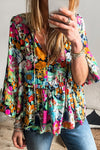 Chic Women's Multicolor Floral Ruffled Blouse with Bubble Sleeves and V-Neck for Effortless Everyday Style