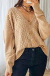 Chic Women's Light Beige Cable Knit Cardigan with Pearl Details & V-Neck - Effortless Rhombus Design for Cozy Style